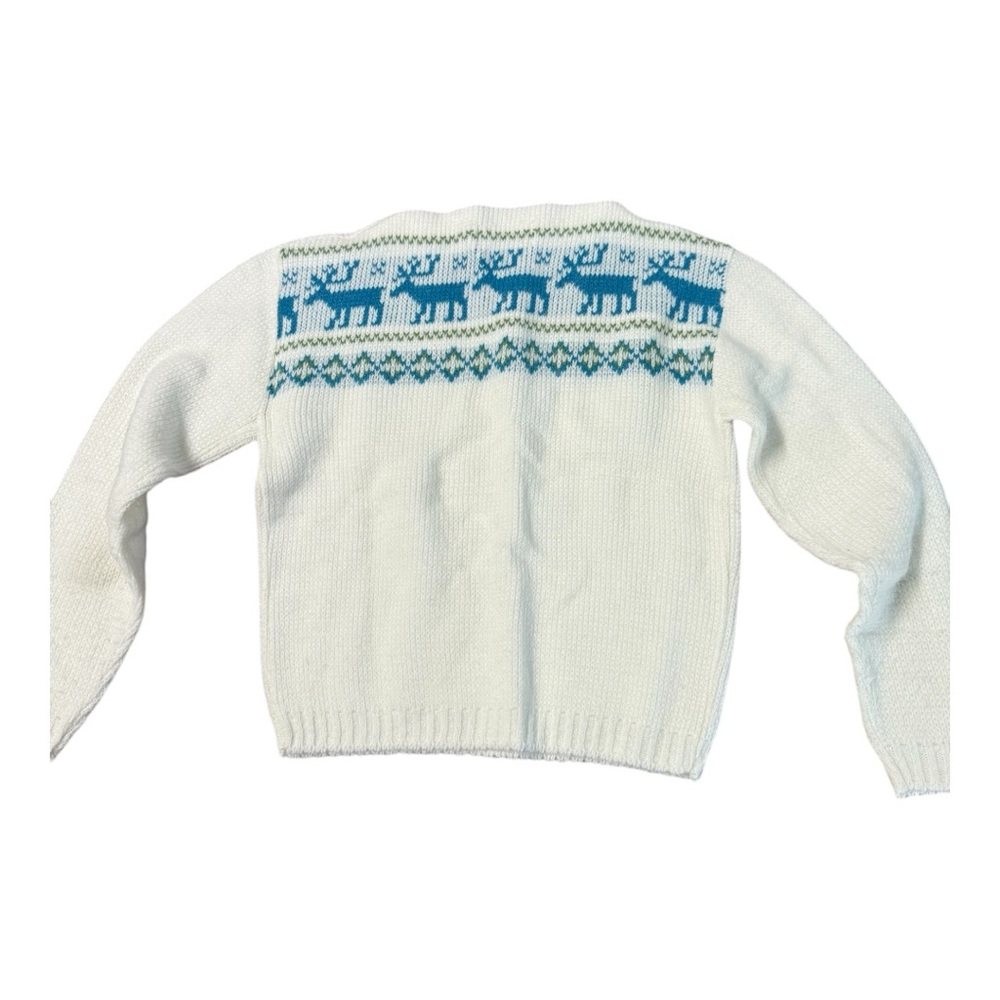 Vintage Jantzen White Sweater with Blue Reindeer Pattern